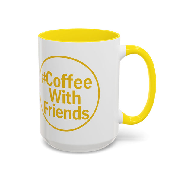 #CoffeeWithFriends Mug – 15oz White Ceramic Coffee Cup with Bold Yellow Logo & Handle, Detroit-Inspired Brand Mug