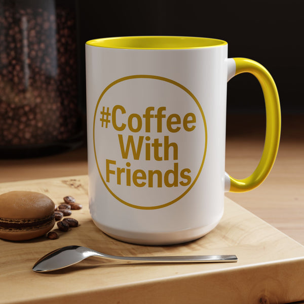 #CoffeeWithFriends Mug – 15oz White Ceramic Coffee Cup with Bold Yellow Logo & Handle, Detroit-Inspired Brand Mug