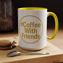 #CoffeeWithFriends Mug – 15oz White Ceramic Coffee Cup with Bold Yellow Logo & Handle, Detroit-Inspired Brand Mug
