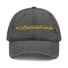 #CoffeeWithFriends Distressed Baseball Cap – Adjustable Dad Hat, Embroidered Yellow Logo, Casual Coffee Lover Apparel