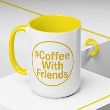#CoffeeWithFriends Mug – 15oz White Ceramic Coffee Cup with Bold Yellow Logo & Handle, Detroit-Inspired Brand Mug