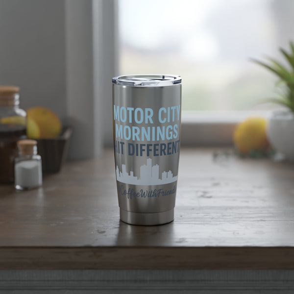 Motor City Mornings Hit Different – Detroit Skyline Stainless Steel Tumbler, Coffee Travel Mug, Detroit Gift #CoffeeWithFriends