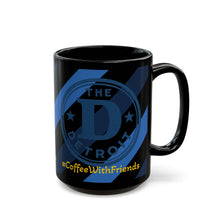 Detroit “The D” Coffee Mug – 15oz Black Ceramic Cup with Blue Detroit Logo & #CoffeeWithFriends Design
