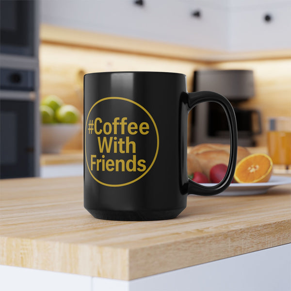 #CoffeeWithFriends Mug – 15oz Black Ceramic Coffee Cup with Bold Yellow Logo, Detroit-Inspired Brand Mug