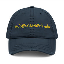 #CoffeeWithFriends Distressed Baseball Cap – Adjustable Dad Hat, Embroidered Yellow Logo, Casual Coffee Lover Apparel