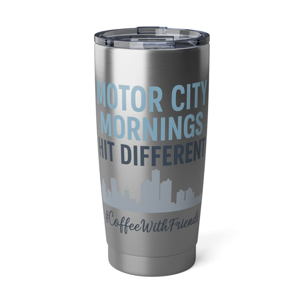 Motor City Mornings Hit Different – Detroit Skyline Stainless Steel Tumbler, Coffee Travel Mug, Detroit Gift #CoffeeWithFriends