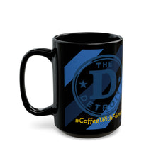 Detroit “The D” Coffee Mug – 15oz Black Ceramic Cup with Blue Detroit Logo & #CoffeeWithFriends Design